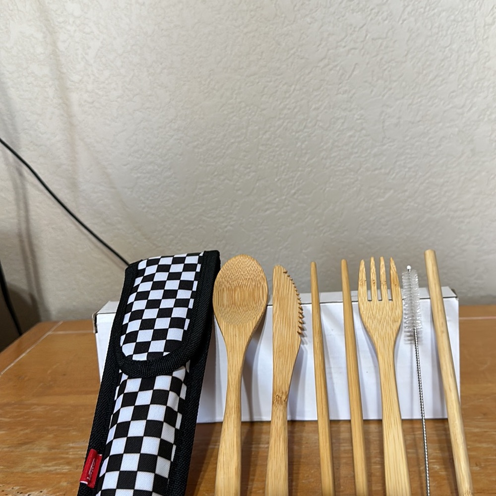 VANS Checkerboard Wooden Bamboo Food Utensils Set 8 Pieces Reusable  exclusive